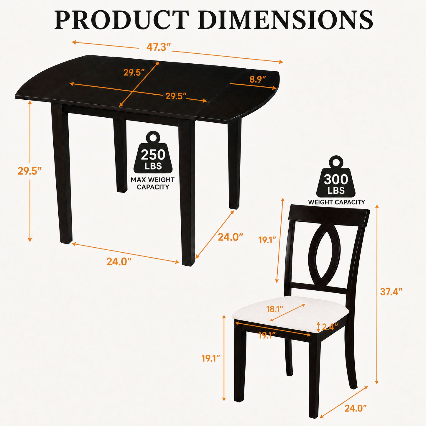 Drop Leaf Dining Table Set with 2 Upholstered Chairs - Dark Brown