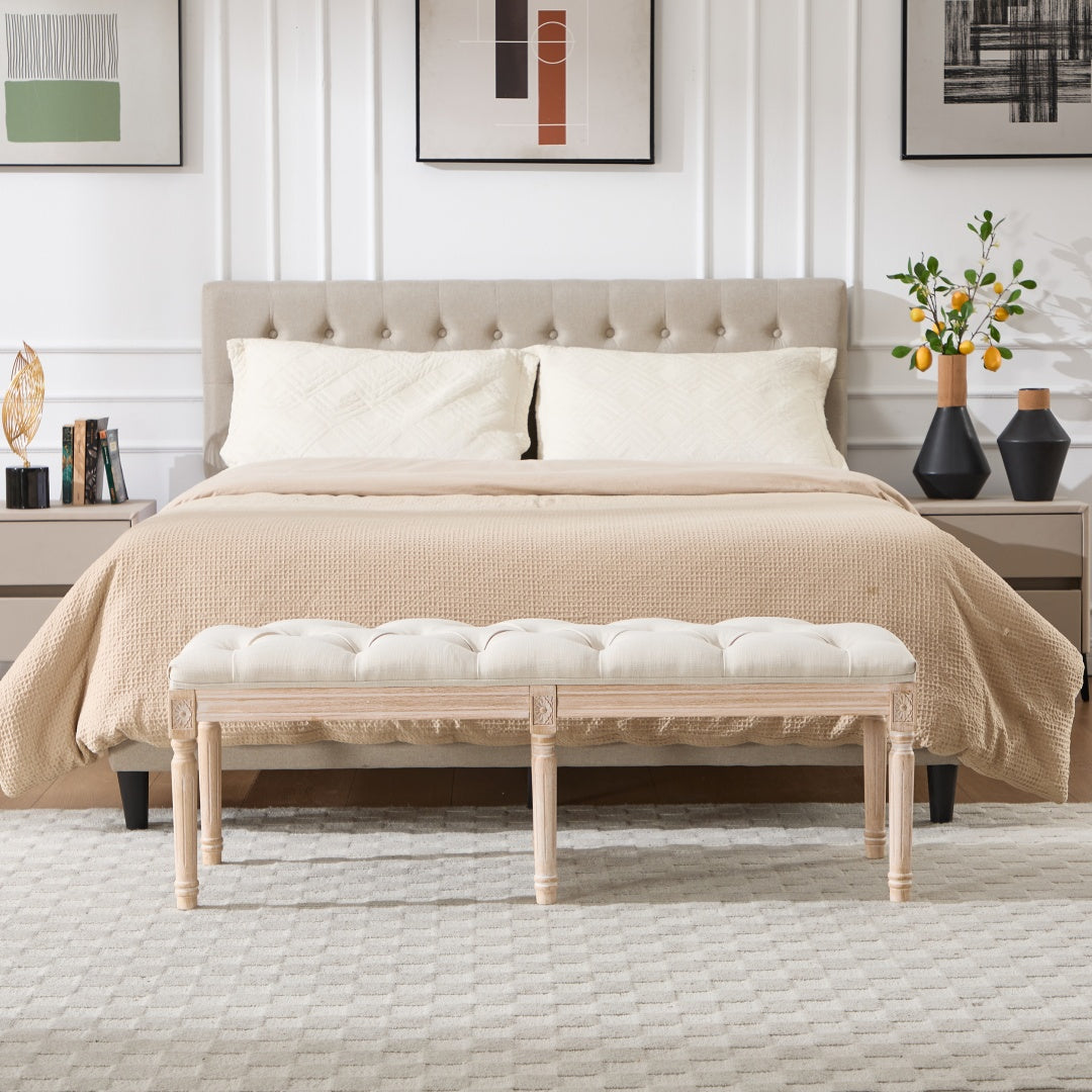 French Vintage Tufted Bedroom Bench - Cream Upholstered Ottoman