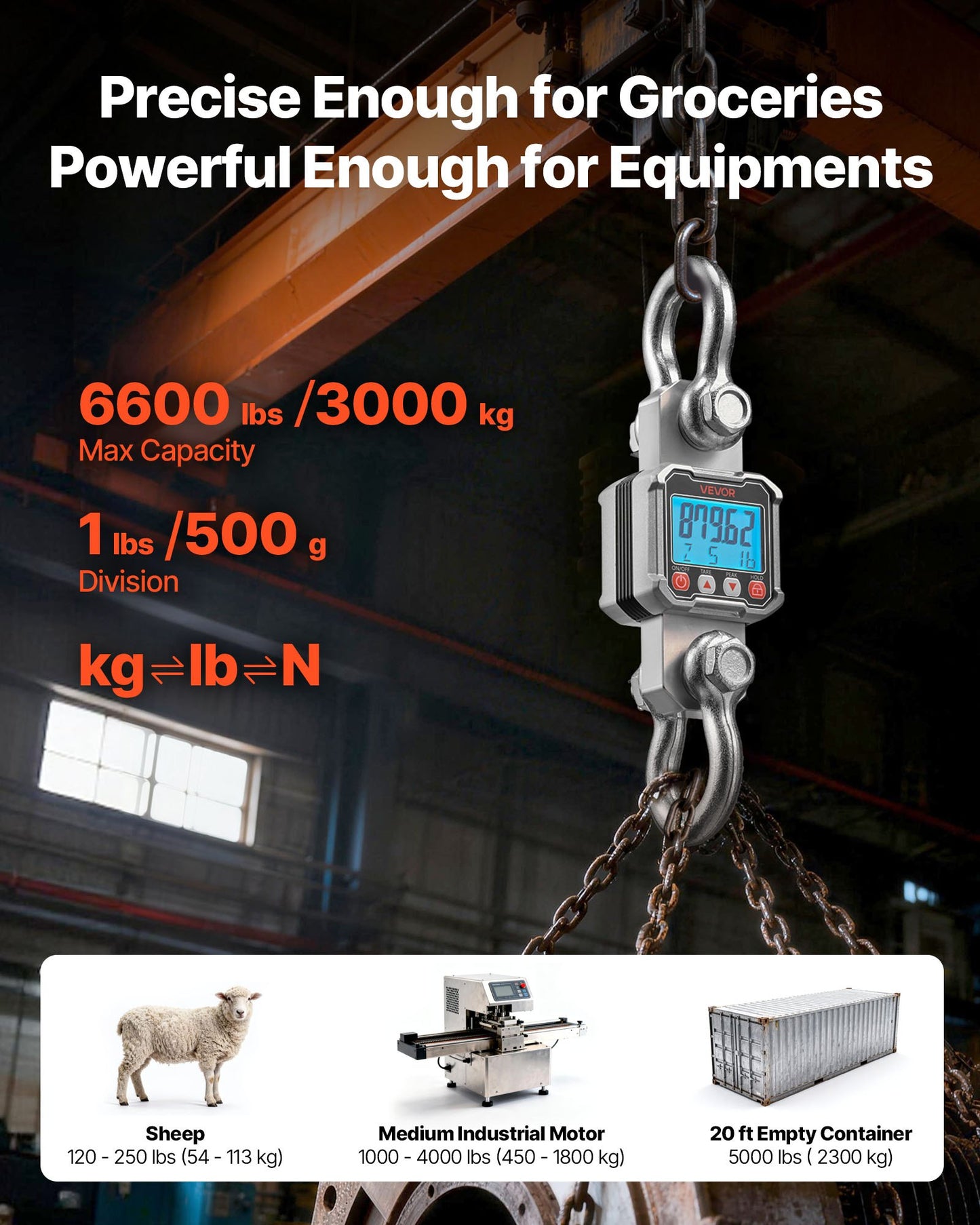 Heavy Duty Digital Crane Scale 6600 lbs/3000 kg with Remote, LCD Display, Aluminum Body