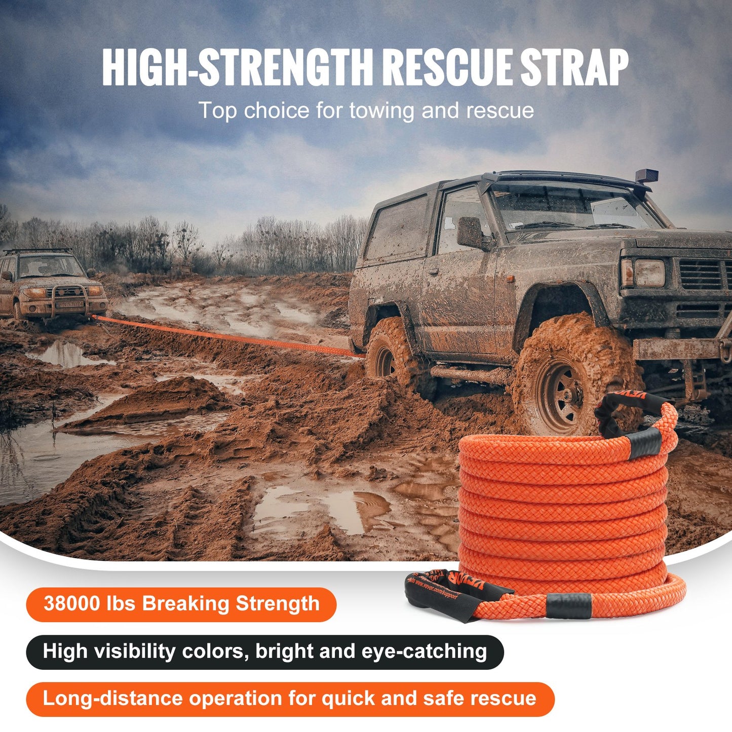 Heavy-Duty 30ft Off-Road Tow Rope 38,000 Lb Recovery Snatch Strap - Orange