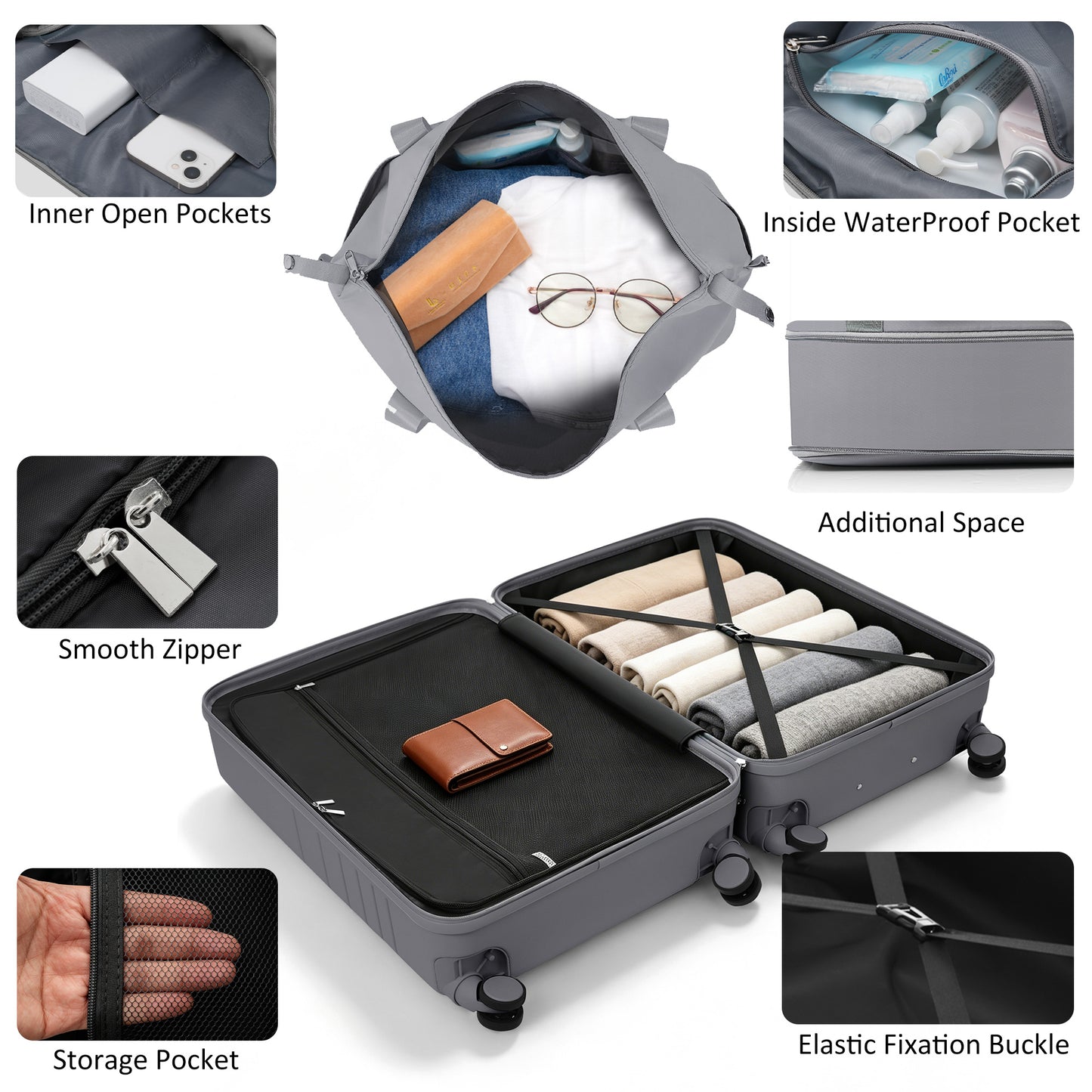 4-Piece Luggage Set with USB Charging Ports - Grey