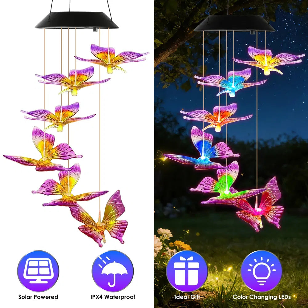 Solar Butterfly Wind Chime with Color-Changing LED Lights - 1 or 2 Pcs
