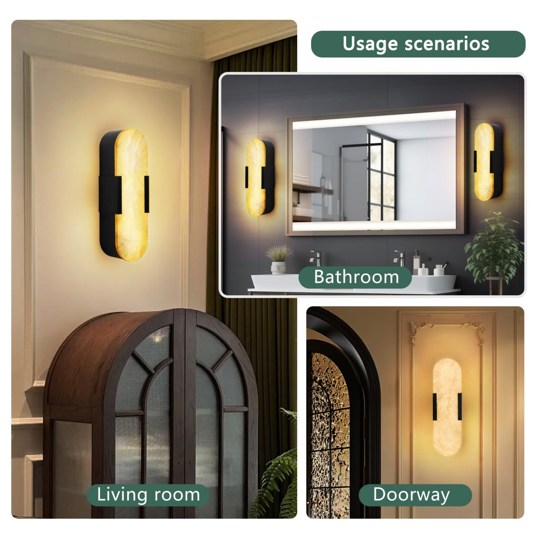 Black Marble Wall Sconce Set of 2 - Modern Snowflake Gypsum Lighting