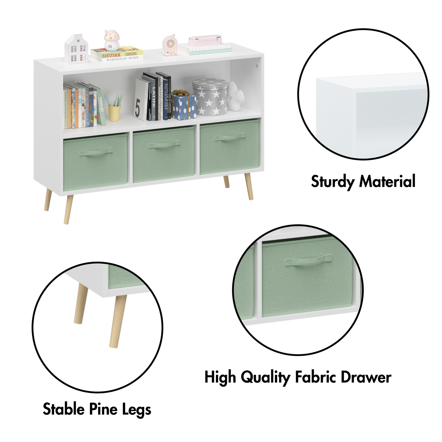 Kids Bookcase with Collapsible Fabric Drawers - White & Green