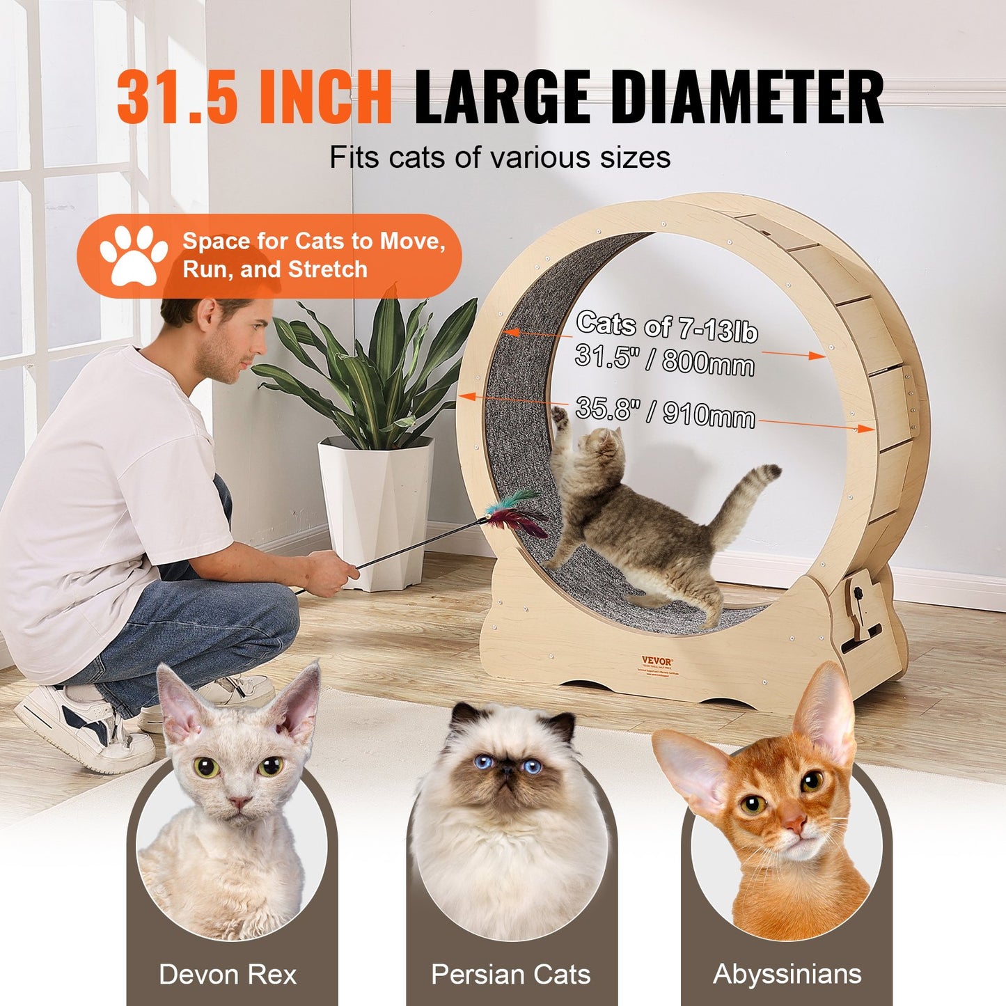 Large Indoor Cat Exercise Wheel 35.8 Inch Wooden Treadmill for Felines