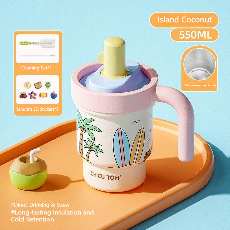 Insulated Ceramic & Stainless Steel Straw Cup with Handle - 610ML, Color Options