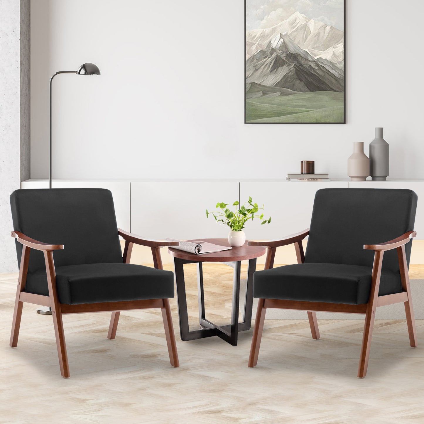 Mid-Century Modern Accent Chair - Black Velvet Lounge Chair