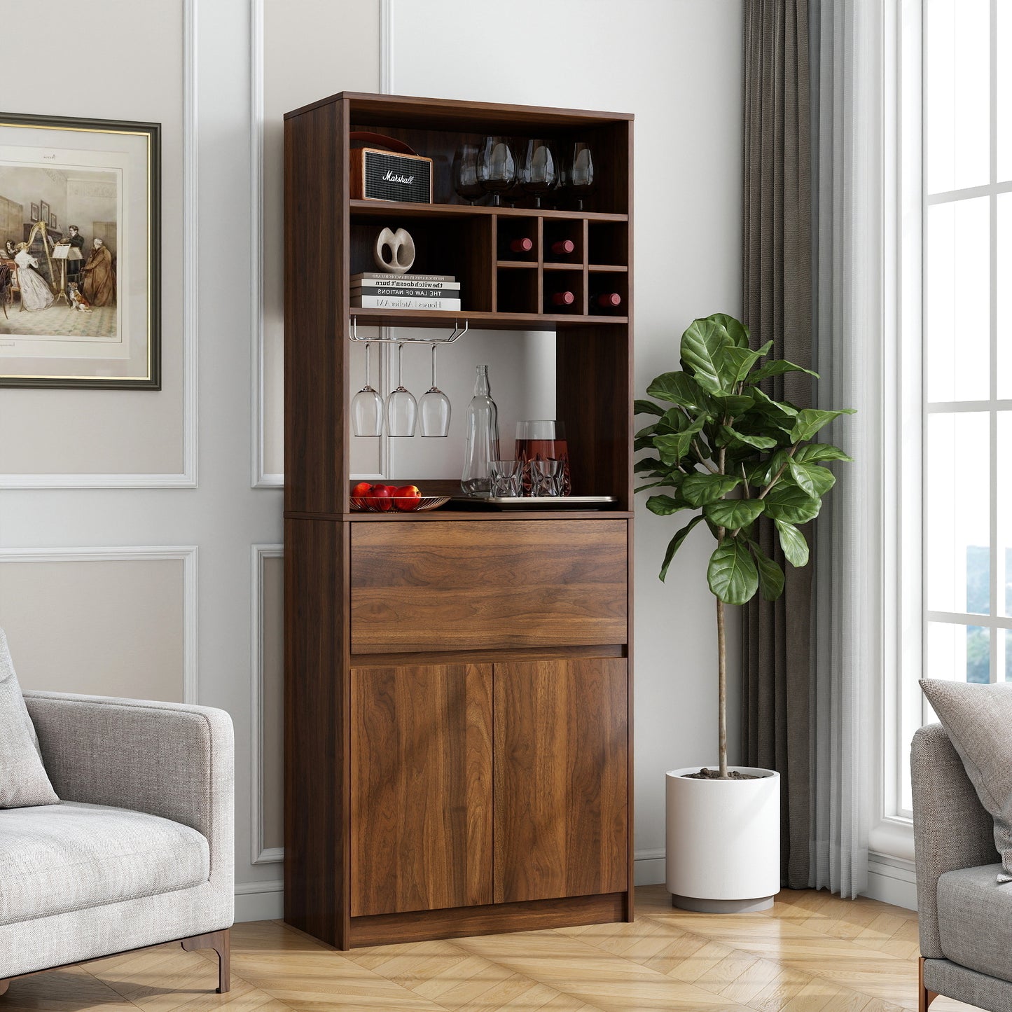 Walnut Kitchen Wine Cabinet - Multi-Functional Storage