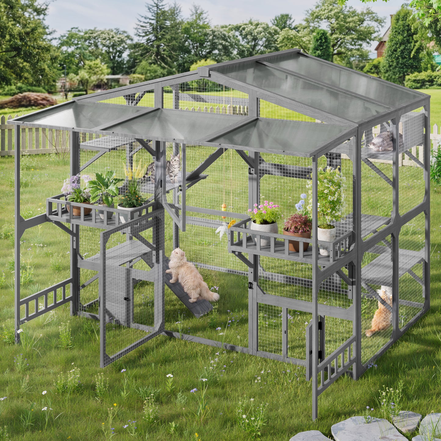 Outdoor Cat Enclosure with 6 Platforms Climbing Ramp & Resting Box for Multiple Cats - Grey
