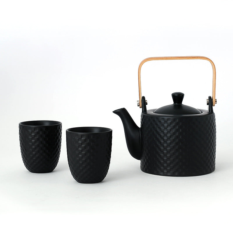 Japanese Ceramic Tea Set with Cups and Pot - White or Black Checkered Finish