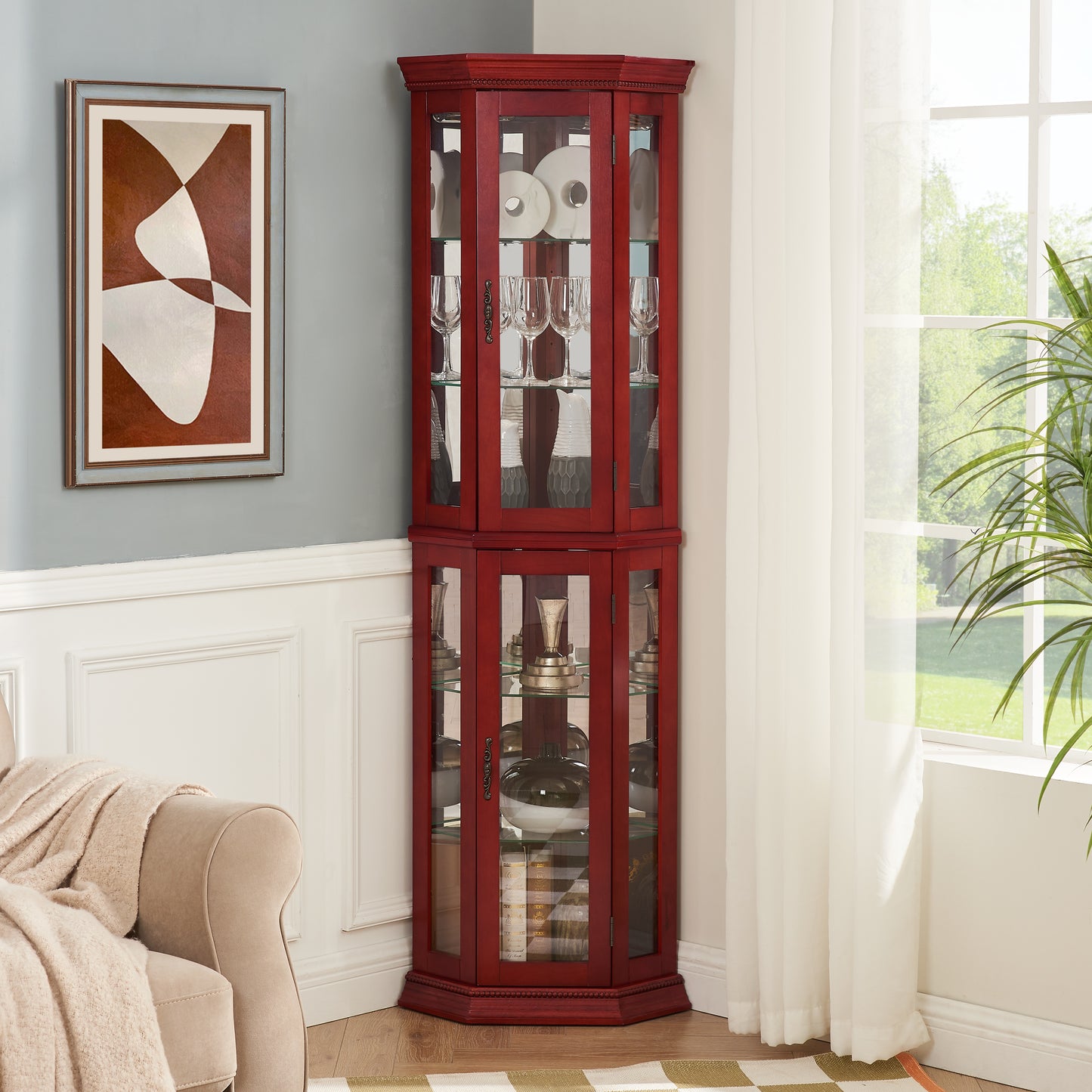 Corner Curio Cabinet Lighted Display, Glass Display Shelf Shelving
