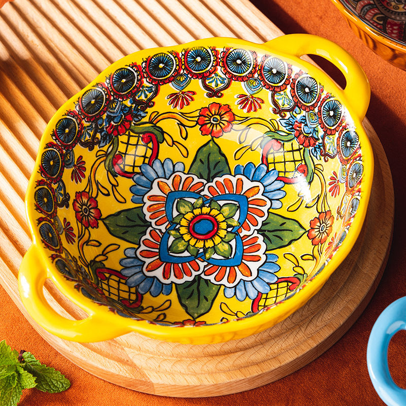 Ceramic Hand-Painted Flower Pattern Noodle Bowl with Double Handles - 950ML
