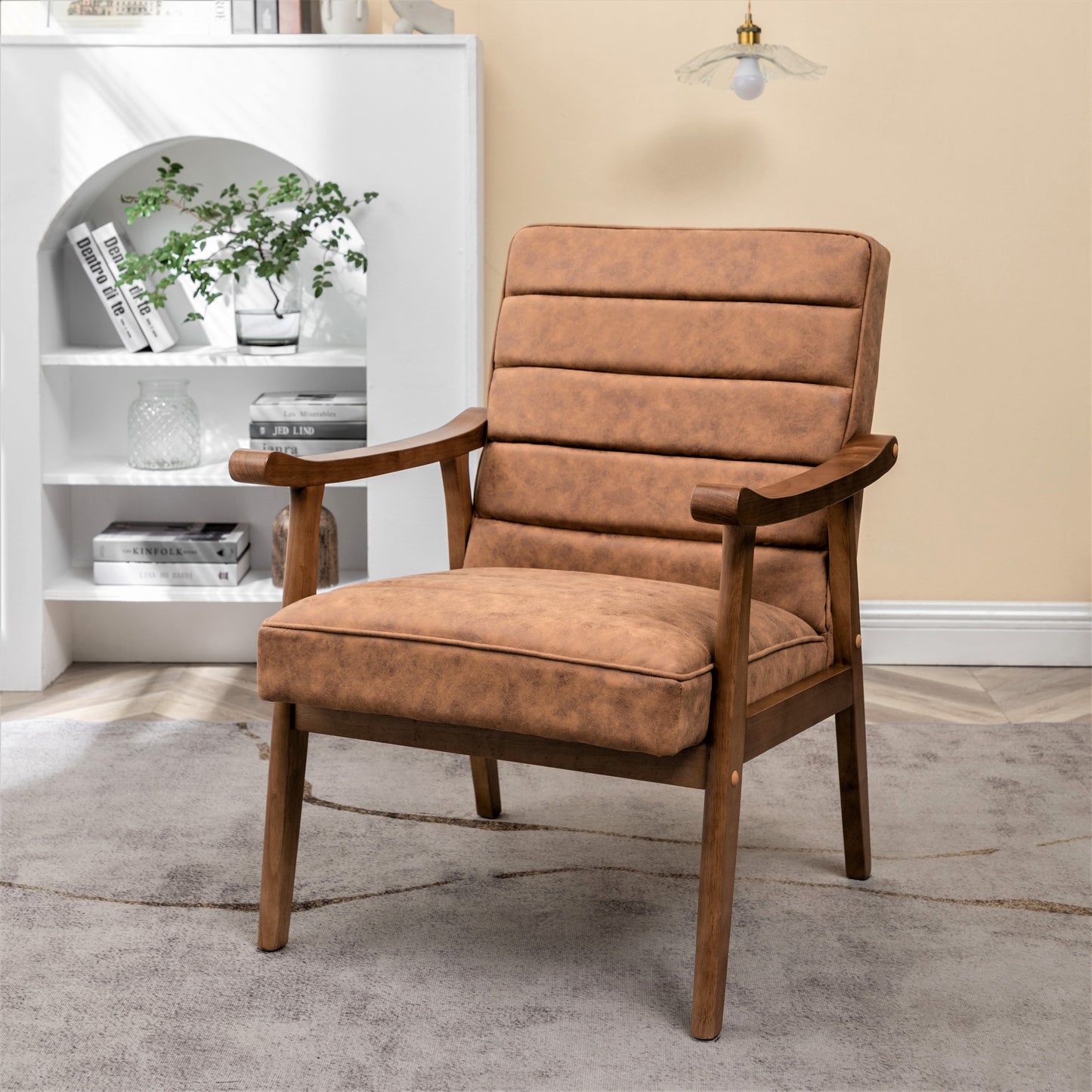 Mid-Century Modern Accent Chair, Solid Wood Frame Leather Look