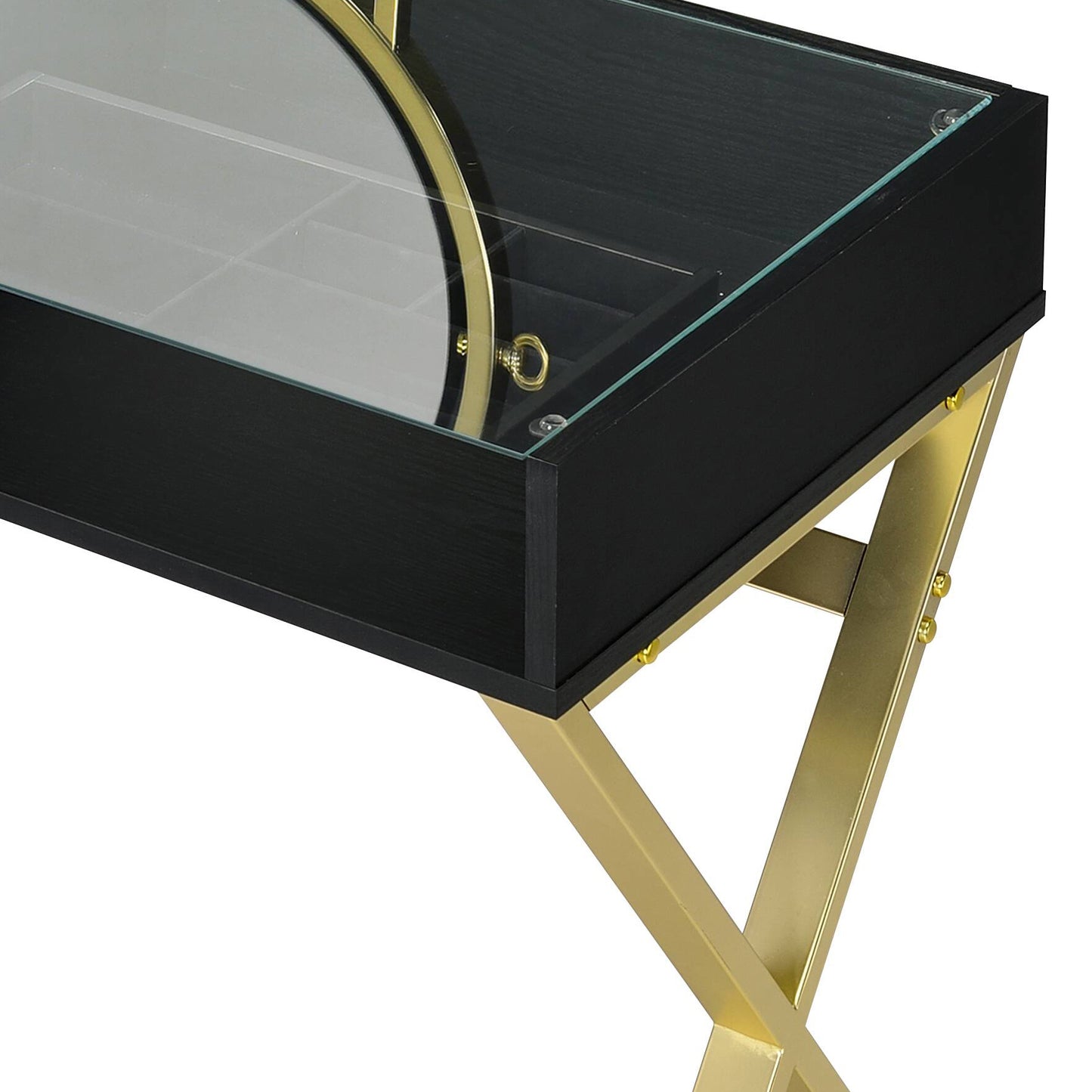 Black & Gold Finish Vanity Desk with Mirror & Jewelry Tray