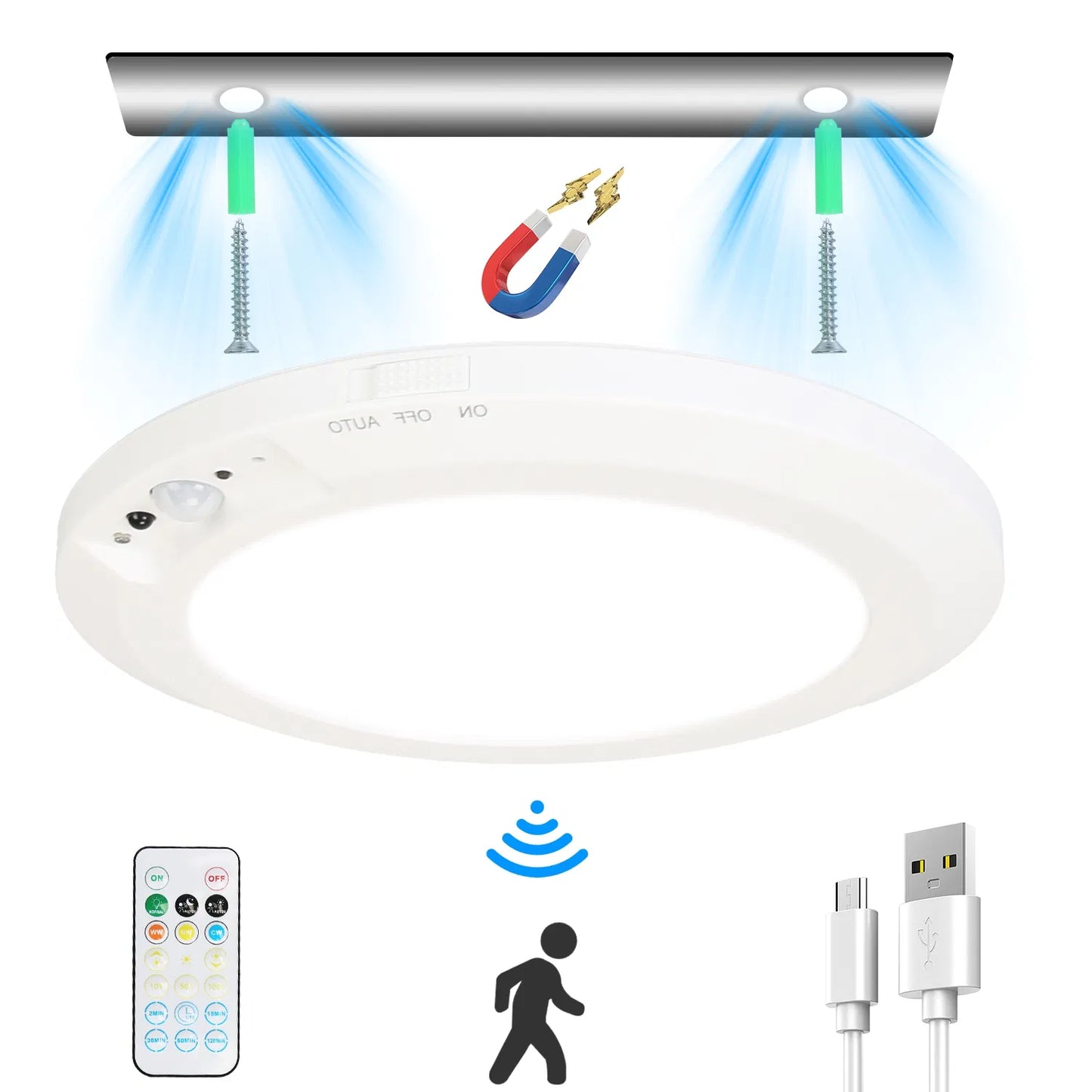 Rechargeable Magnetic Ceiling Light with Motion Sensor and Remote Control — Dimmable, 3 Color Temperatures