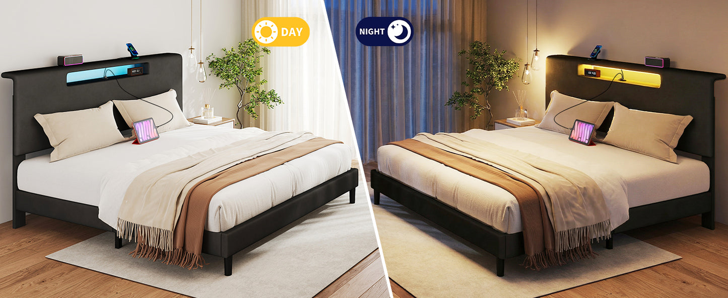 King Size Bed Frame With Charging Station And Adjustable LED Light