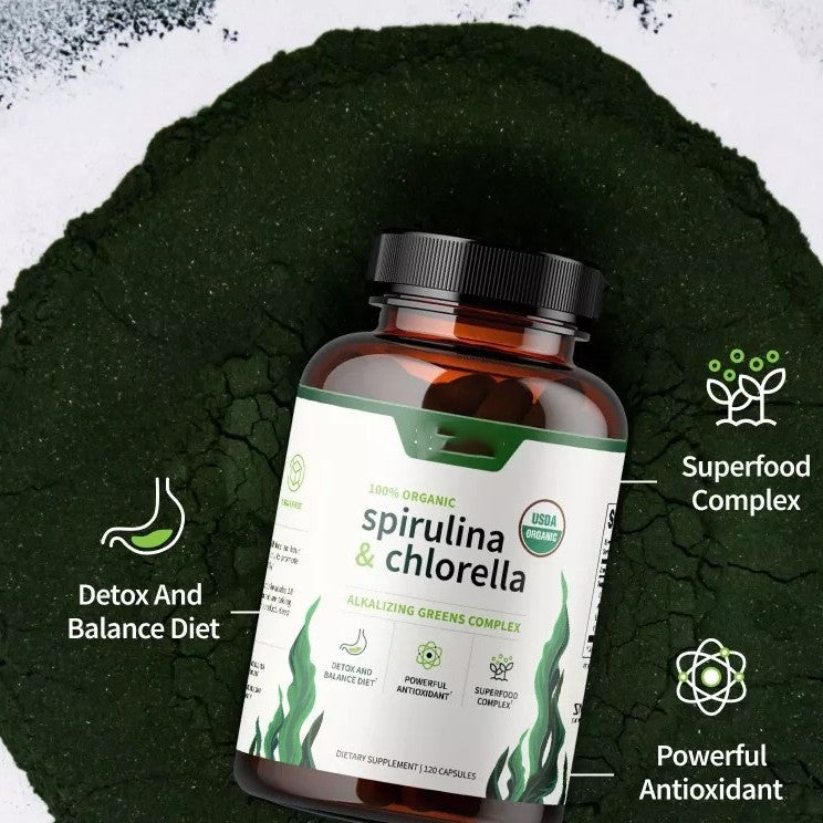 Chlorella Spirulina Dietary Capsules for Detox and Energy - 60 or 120 Count