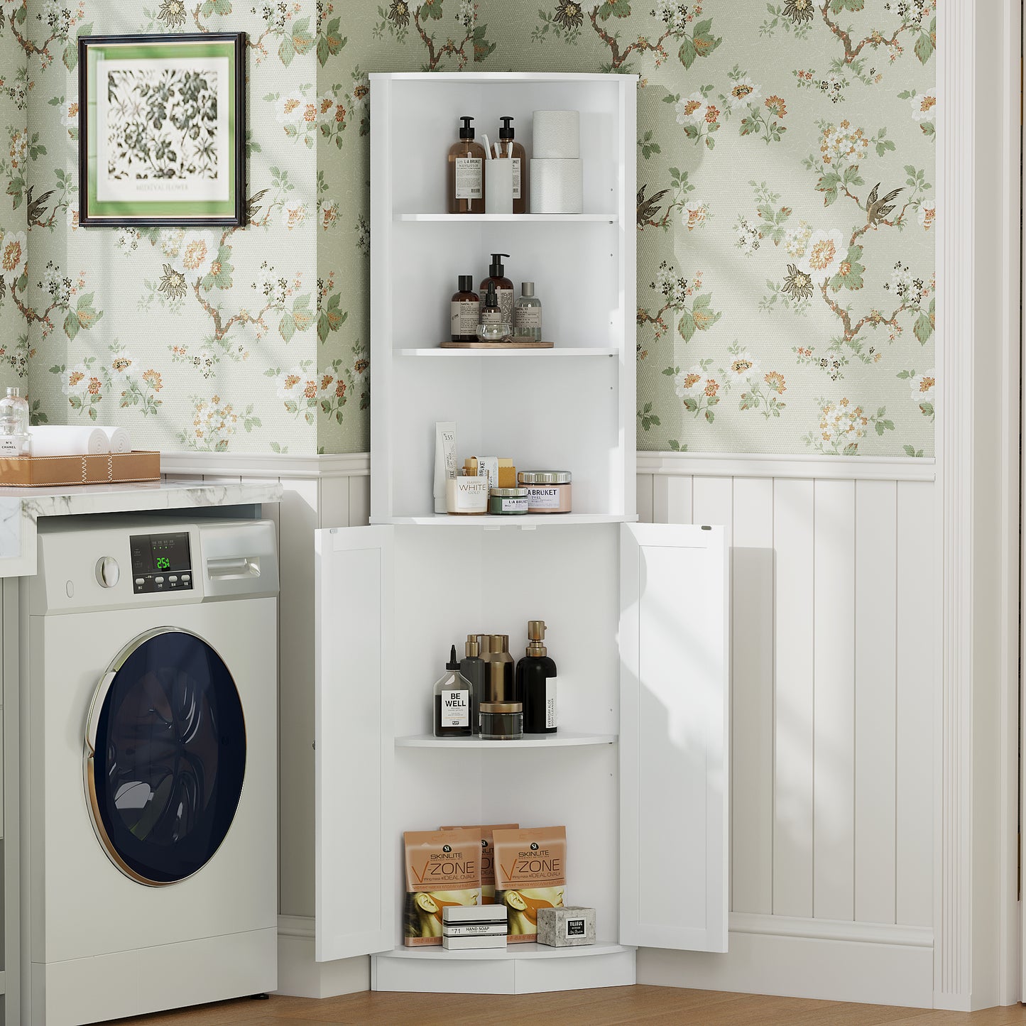 67" Tall Corner Cabinet with 2 Doors and Adjustable Shelves - White