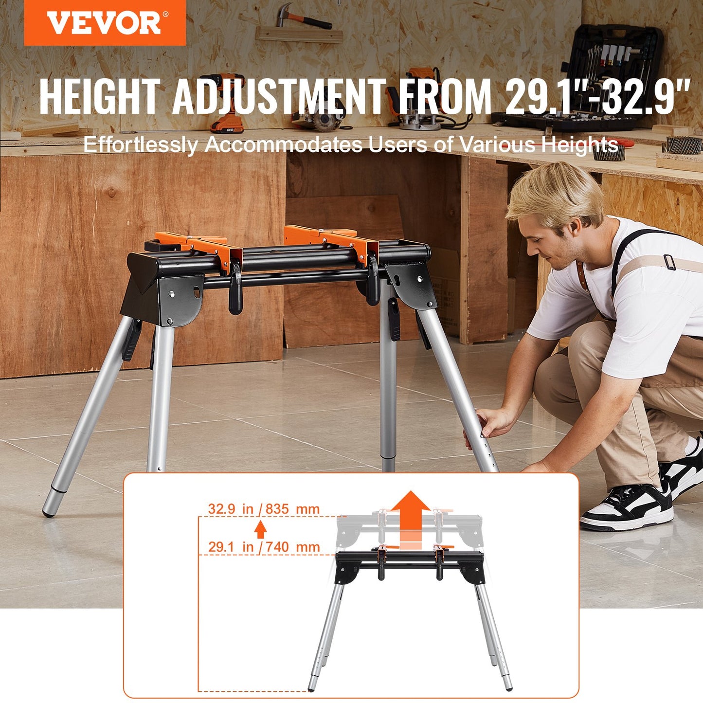 Adjustable Height Miter Saw Stand 330lbs Capacity Steel Portable Workstation