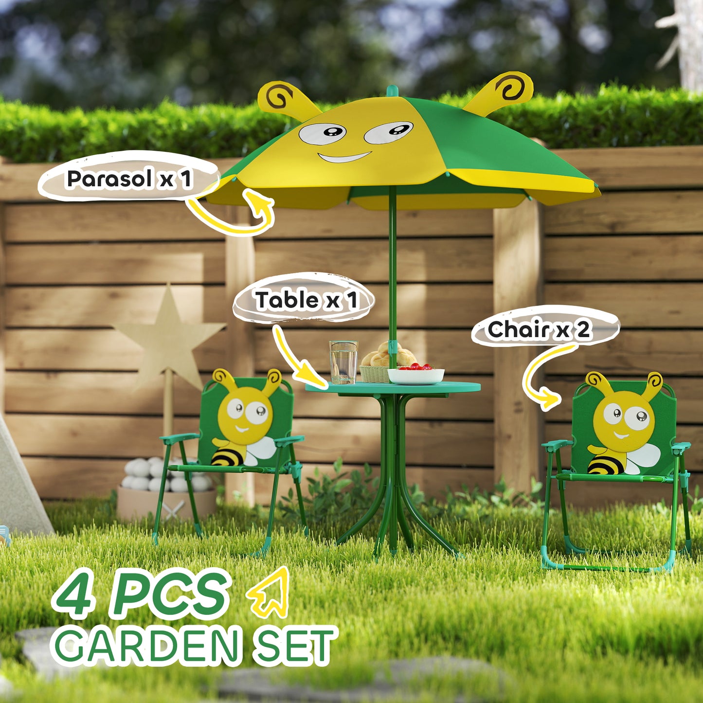 Kids Picnic Table and Chair Set with Adjustable Umbrella - Green