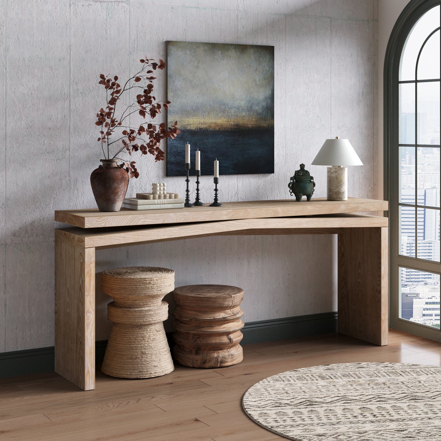 65-Inch Rustic Solid Wood Veneer Console Table - Antique Natural