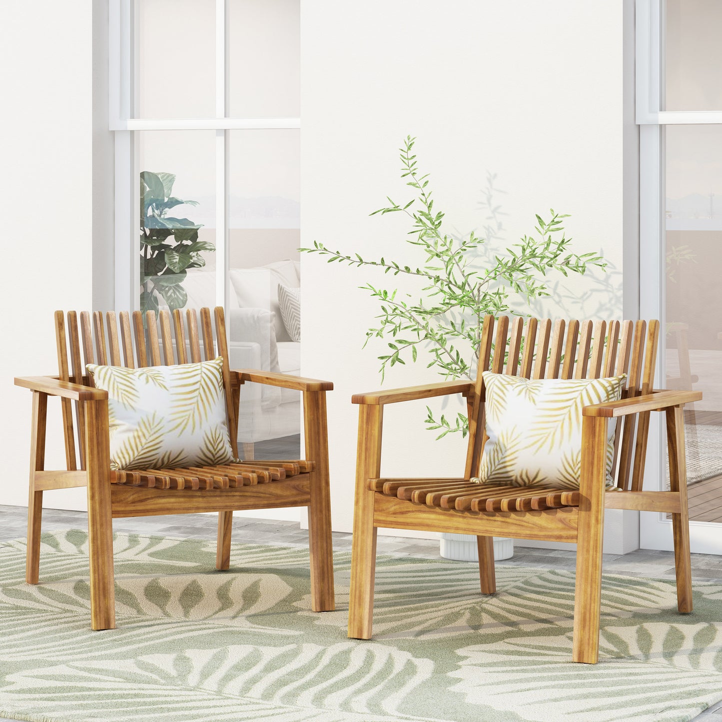 Outdoor Acacia Wood Slatted Club Chairs, Set Of 2, Teak Finish, Wood,