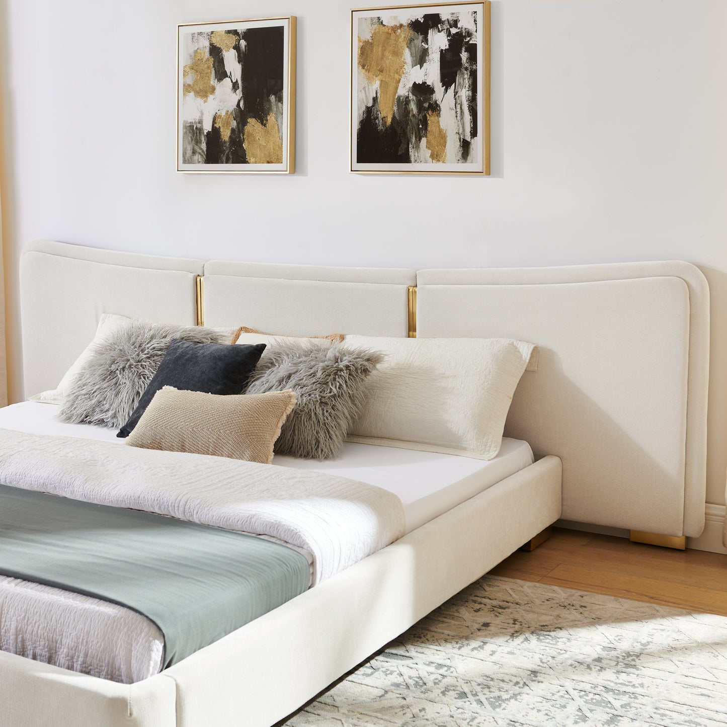 Queen Size Platform Bed with Soft Chenille Fabric Frame - Beige