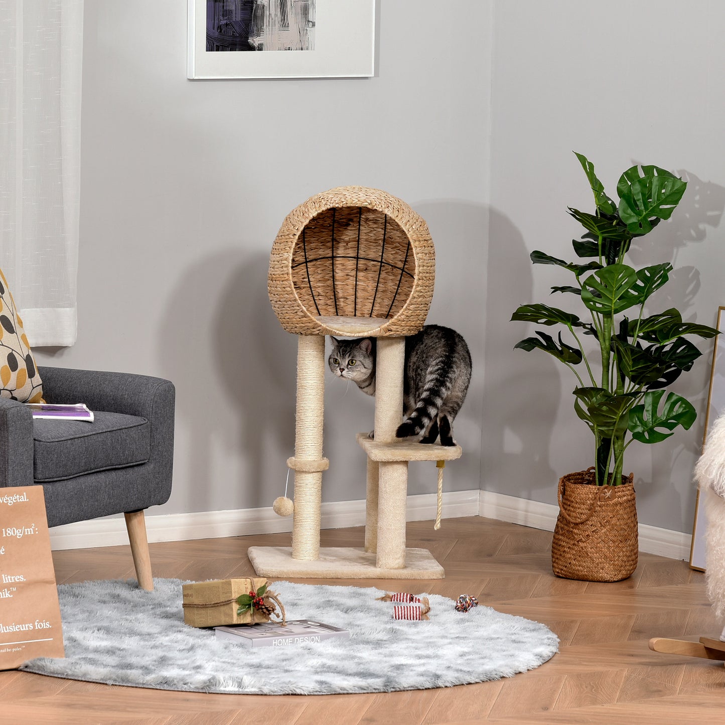 Beige Cat Tree with Sisal Scratching Post Condo and Hanging Rope - 39 Inches