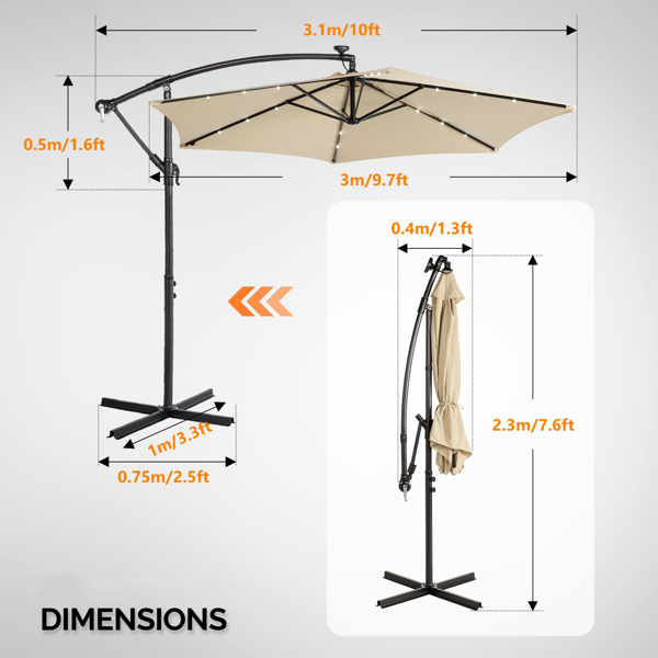 10FT Round Patio Hanging Umbrella with LED Lights - Khaki