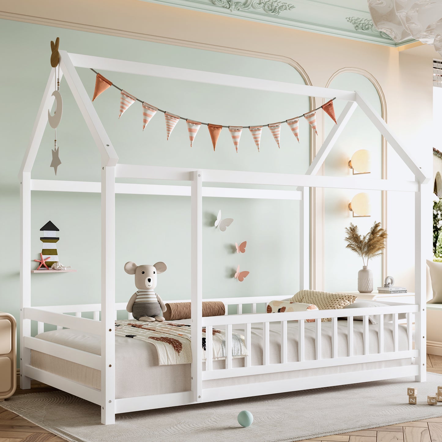 Twin Size Wooden Bed with House Roof Frame and Guardrails - White