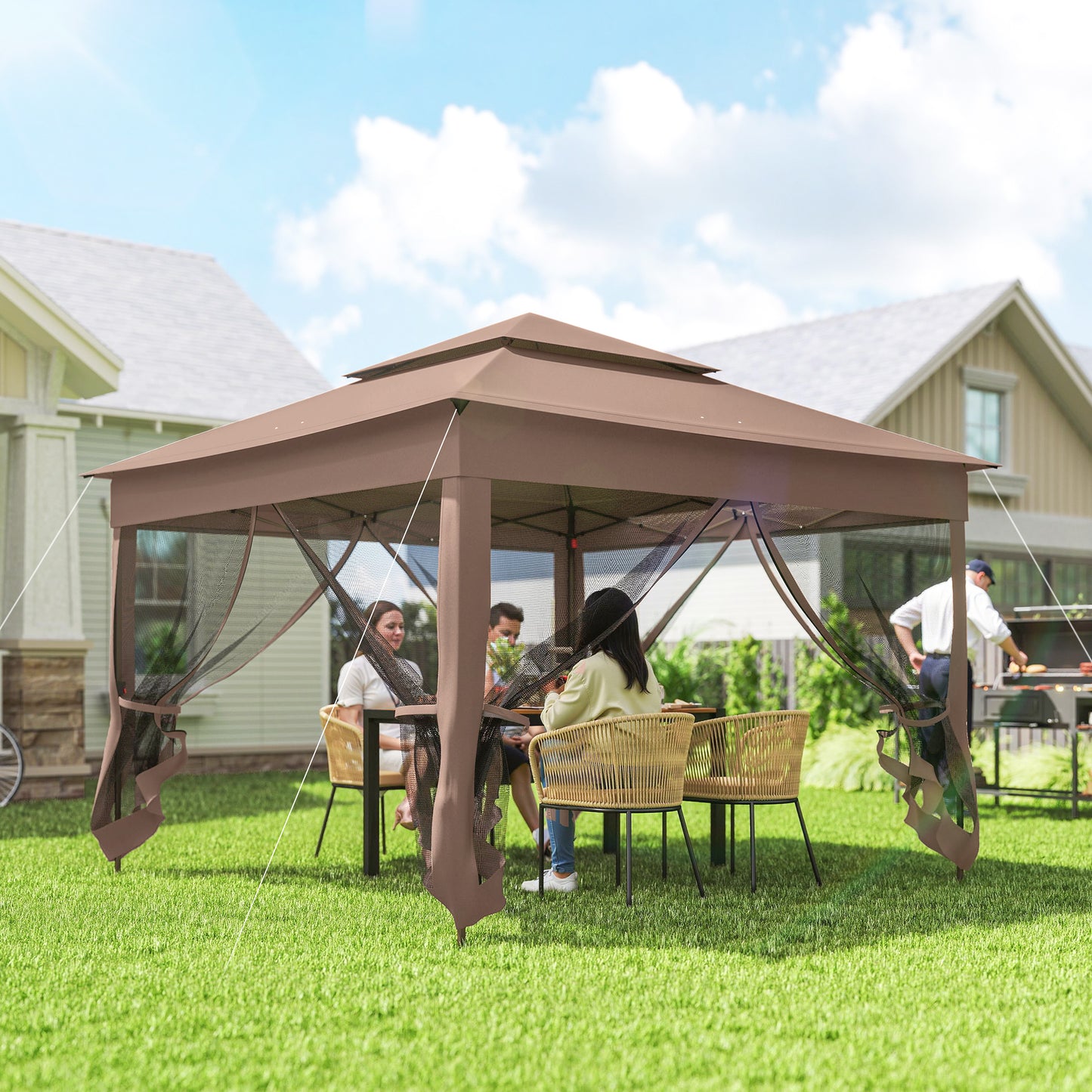 Pop Up Canopy Gazebo Shelter with Zipper Netting - Brown 11x11