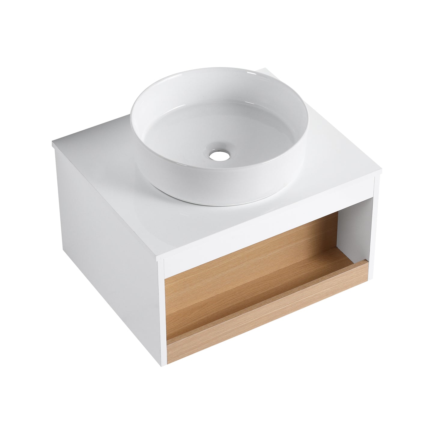 24" Wall-Mounted Bathroom Vanity with Open Shelf - White & Light Oak