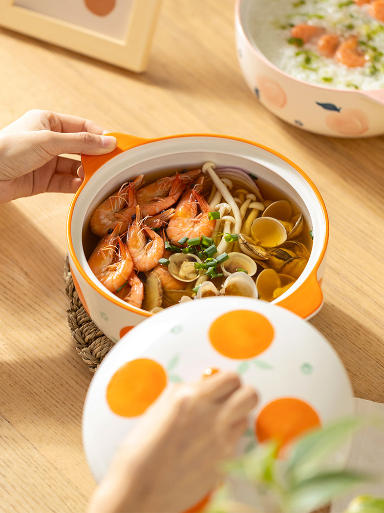 Ceramic Double-Ear Soup Bowl 7-Inch Large Porcelain Noodle Bowl Peach