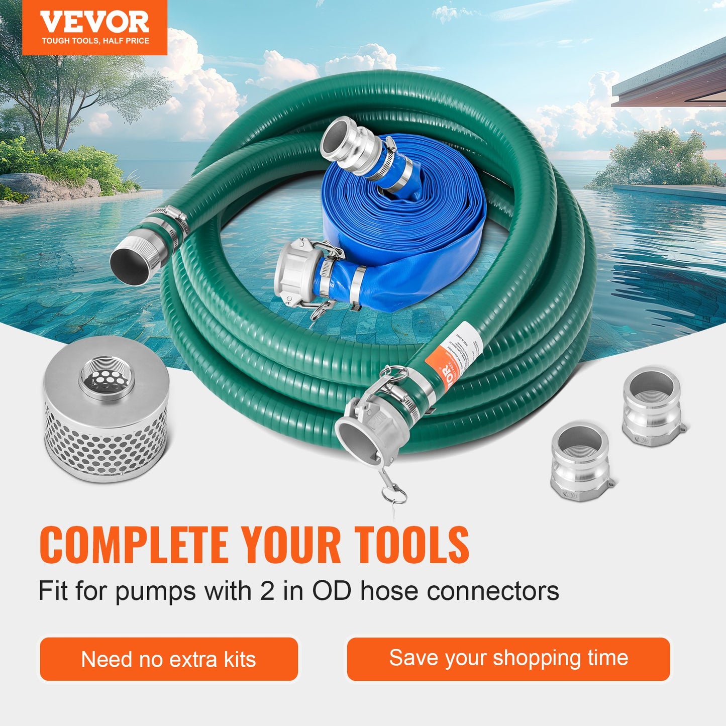 Water Pump Suction Hose Kit 2 Inch x 20 Ft with Blue PVC Hose and Fittings