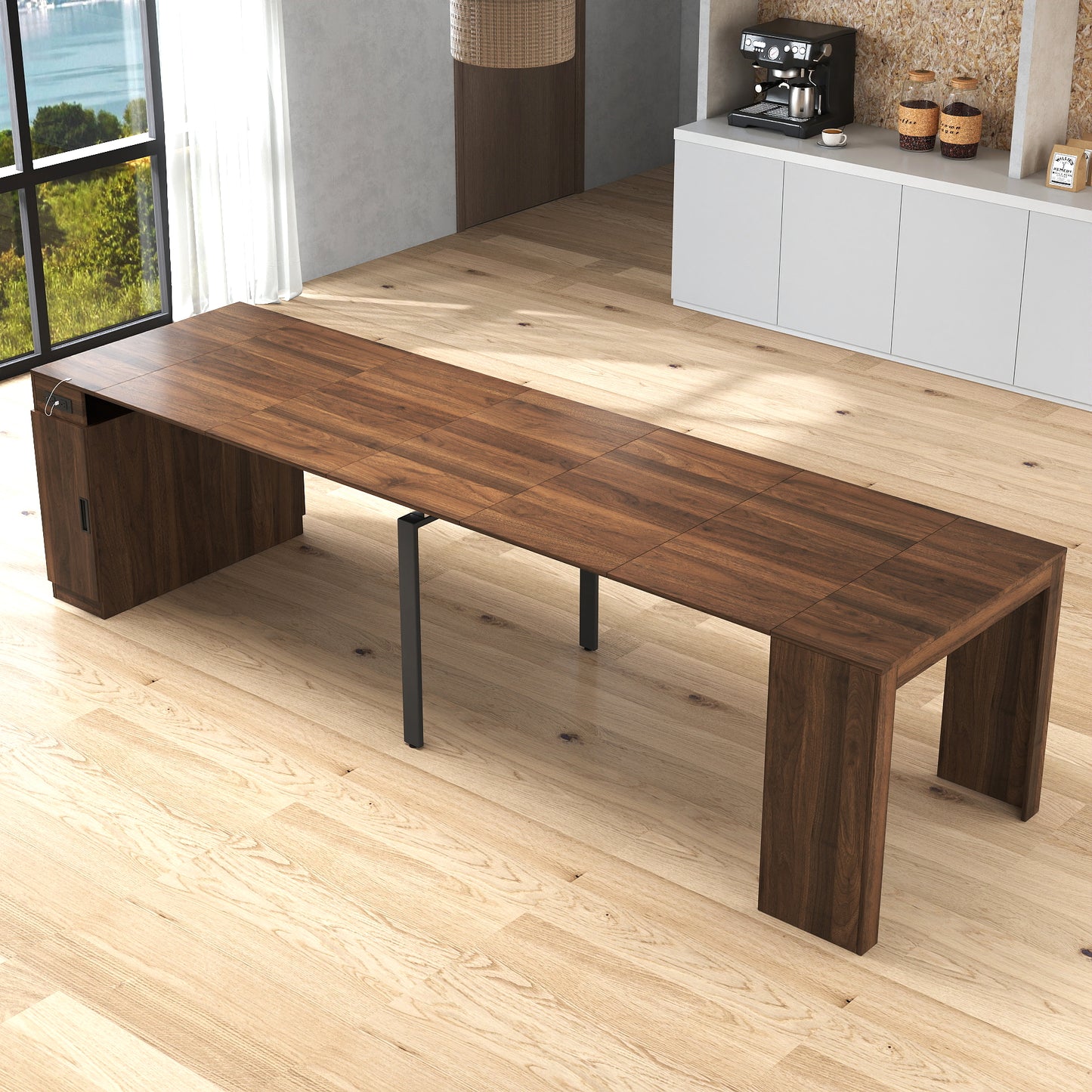 Modern Extendable Dining Table with Outlet - Walnut Finish