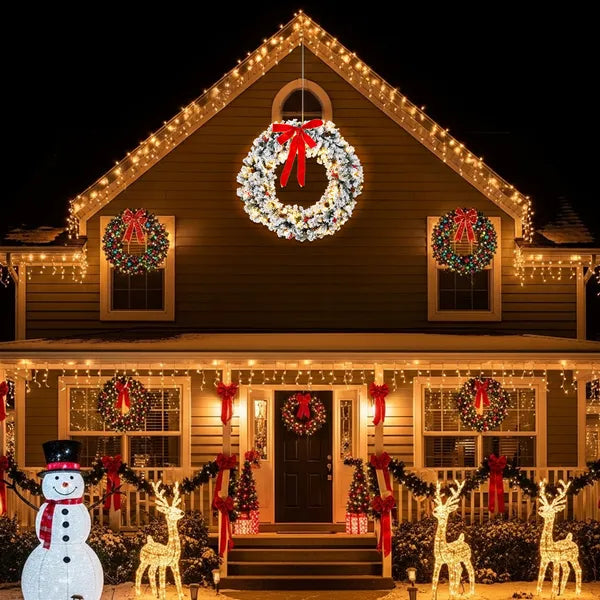 Pre-Lit Snow Flocked Christmas Wreath - 48 Inch with 150 Lights