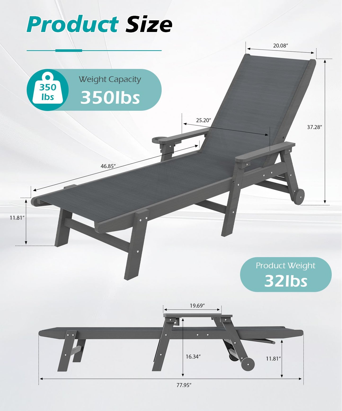 Outdoor Pool Lounge Chairs Set Of 2, HDPE Patio Chair With Wheels,