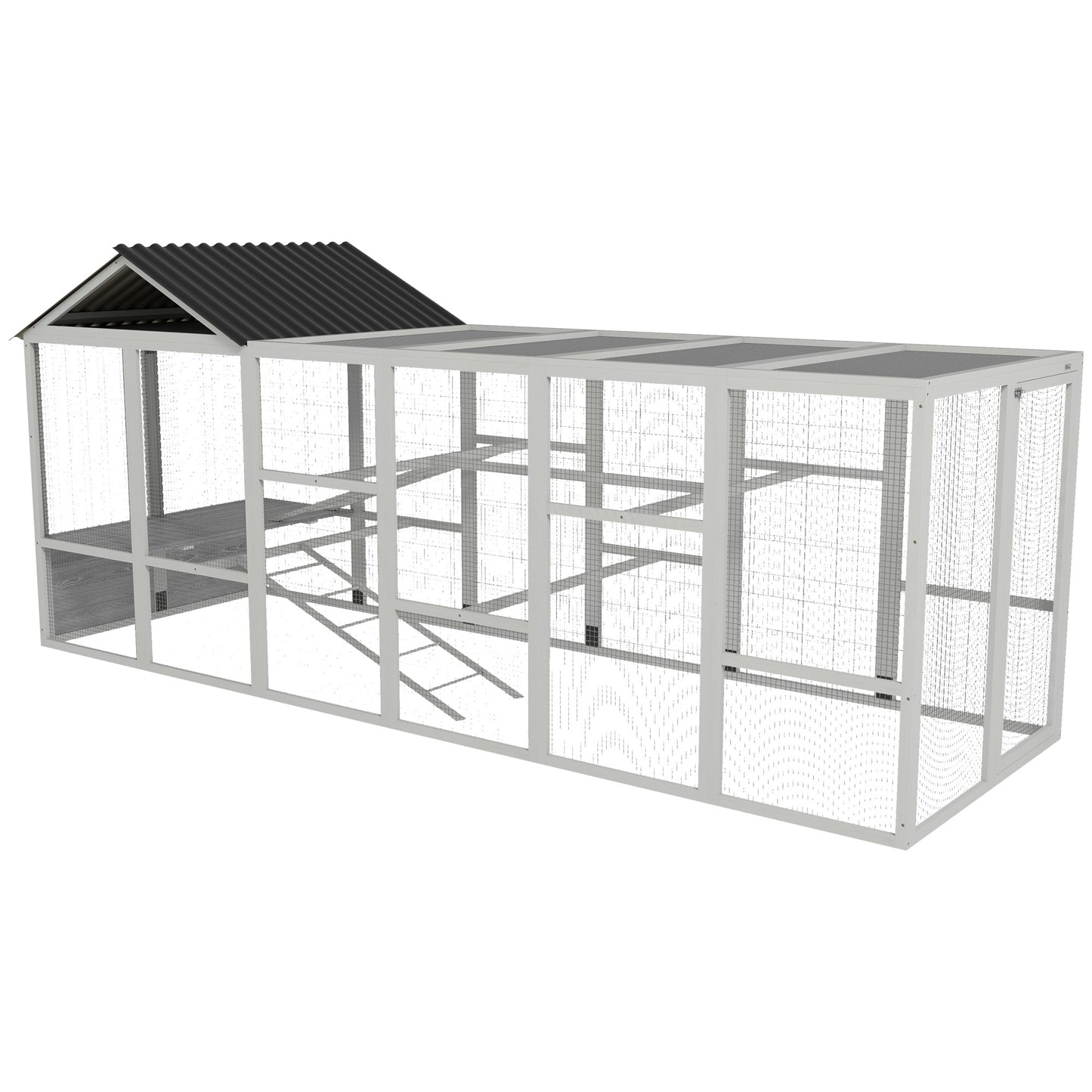 Wooden Chicken Coop Run for 6-10 Chickens with Storage and Perches - Gray, 141.75 x 48 x 61 inches