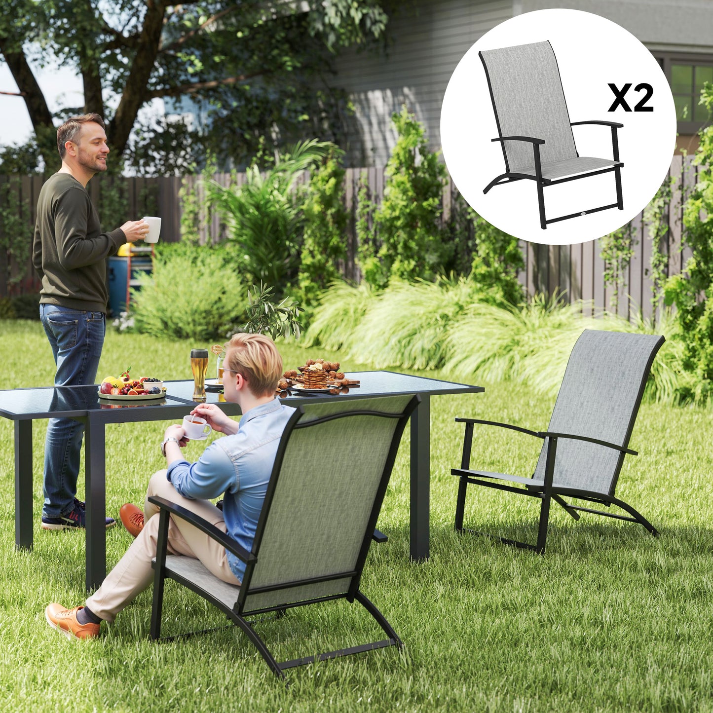Set of 2 Folding Outdoor Dining Chairs - High Back & Armrests, Gray