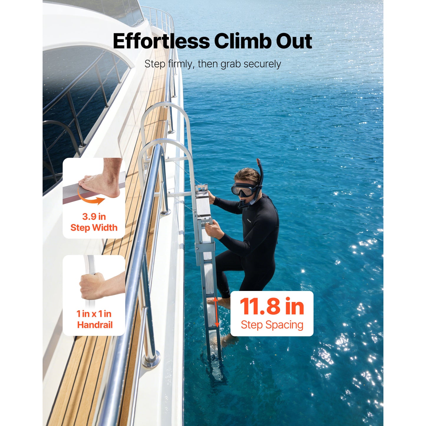 Retractable Aluminum Dock Ladder with Non-Slip Wide Steps - 5 Steps, Adjustable Height, 350 lbs Capacity for Marine, Pool, Lake, Boat Boarding