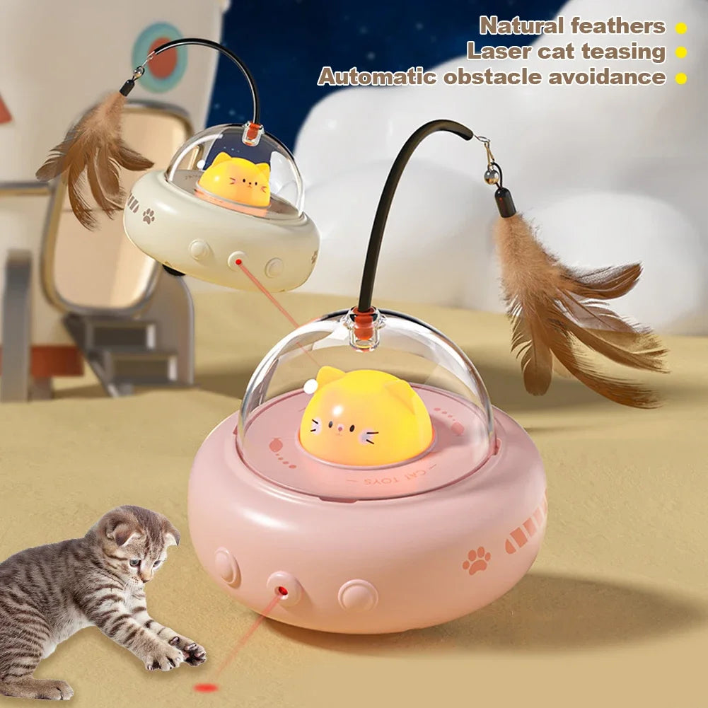 Electric UFO Cat Teaser Toy with Bell & Replaceable Feathers, USB Rechargeable Pet Chase Toy