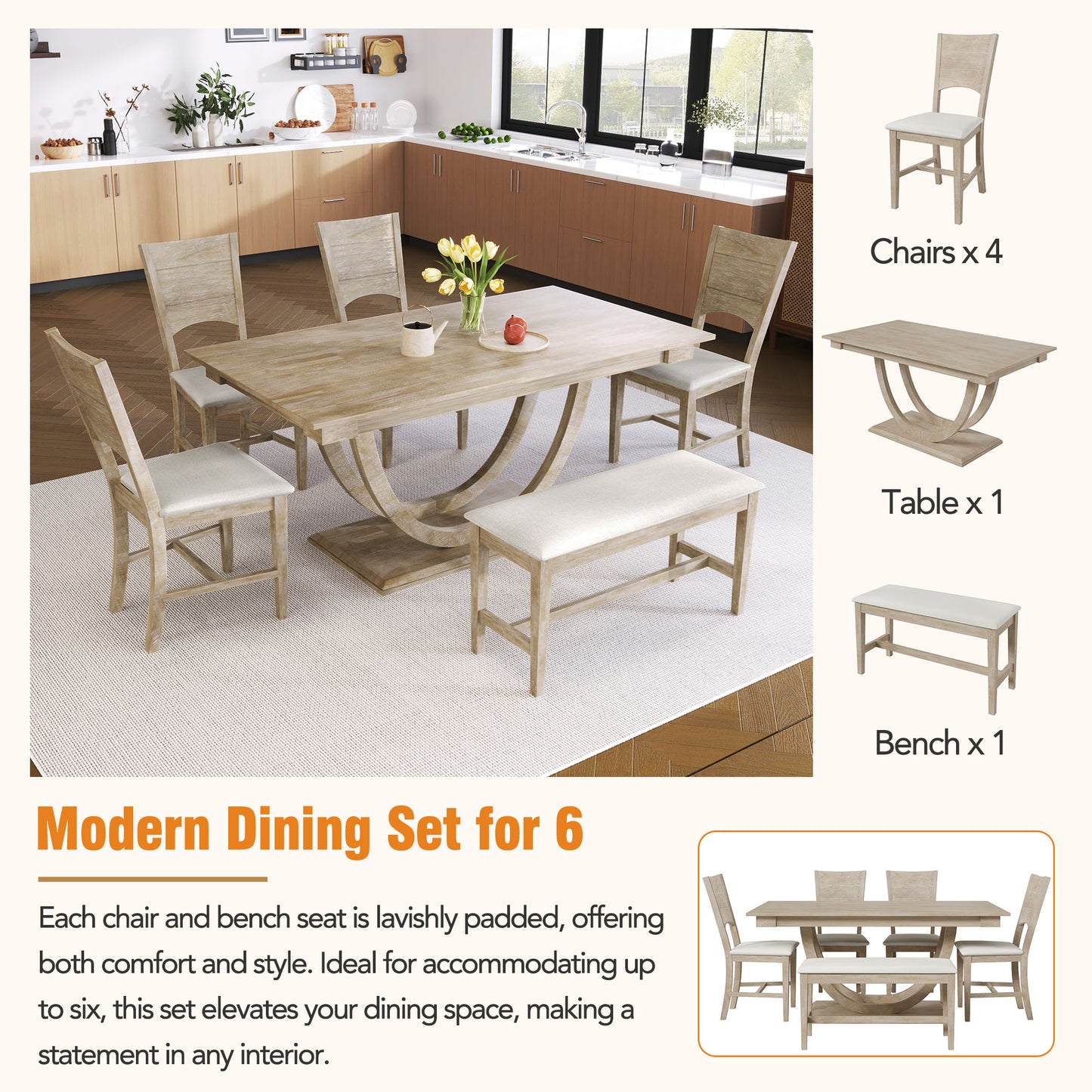 6-Piece Modern Wood Dining Table Set with Bench & Chairs - Seadrift