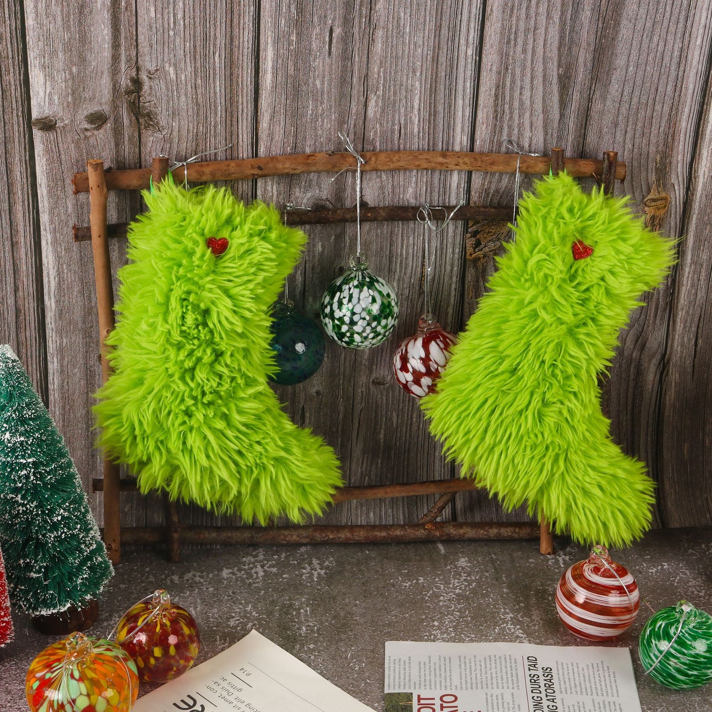 Christmas Green Fur Ornament Stockings Plush Gift Bag Holiday Decor