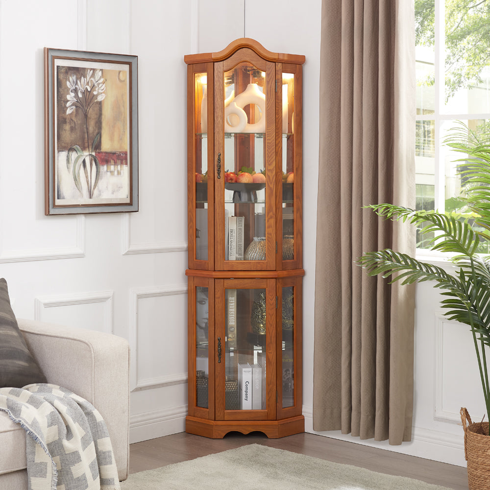 Curio Cabinet Lighted Glass Display W Tempered Doors And Shelves,