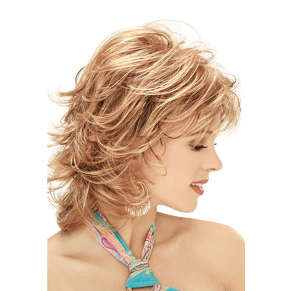 Women's Curly Wig with Diagonal Bangs - Gold
