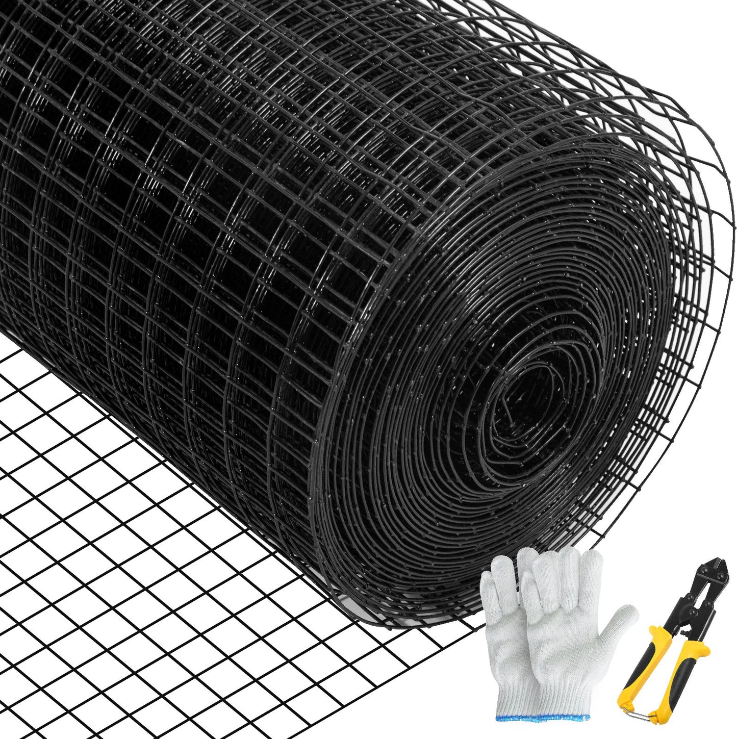 Galvanized Steel Hardware Cloth 48x50FT Mesh Fencing, Black Vinyl Coated, 16 Gauge with Gloves & Cutting Pliers