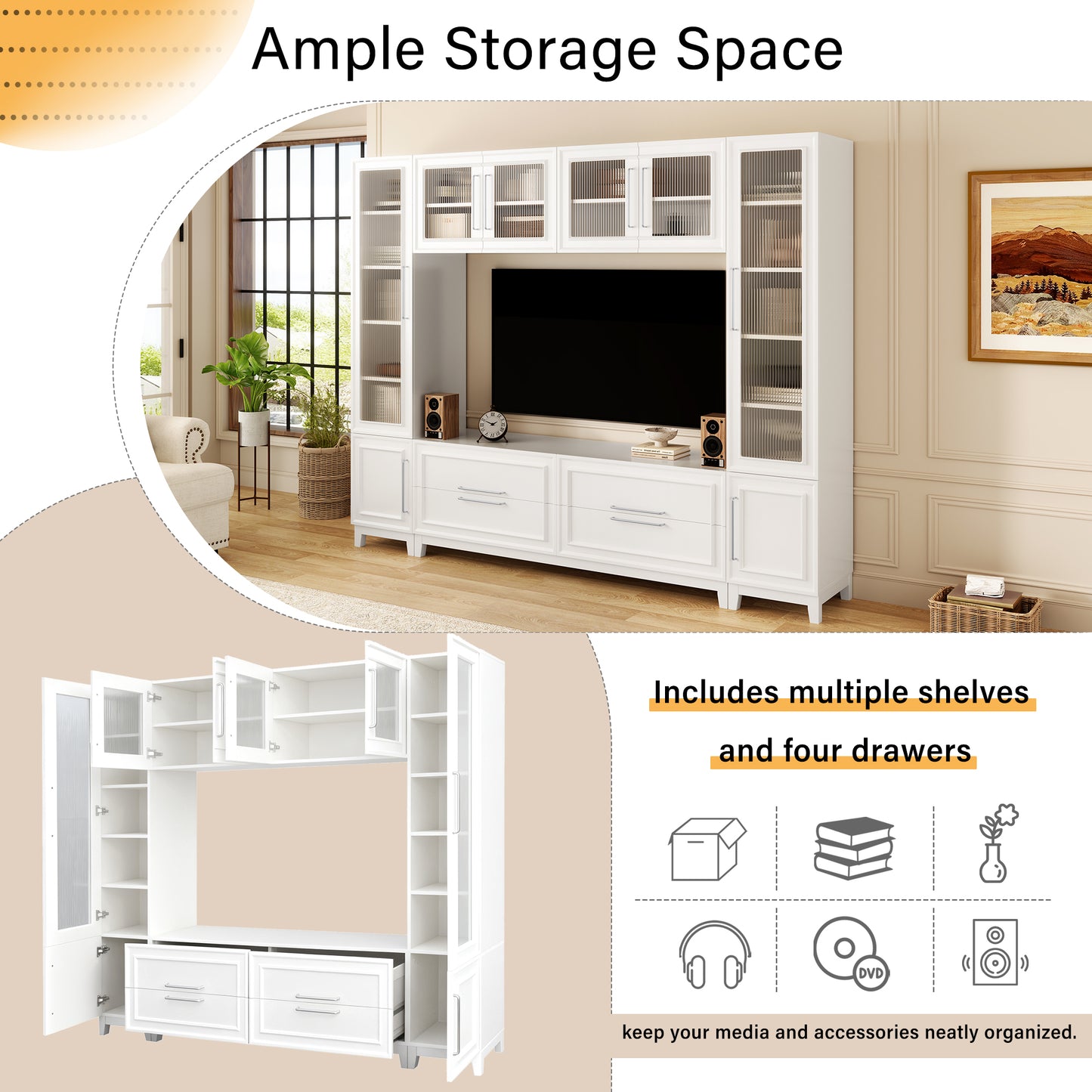 Modern 102" Wall Unit Entertainment Center with Glass Doors
