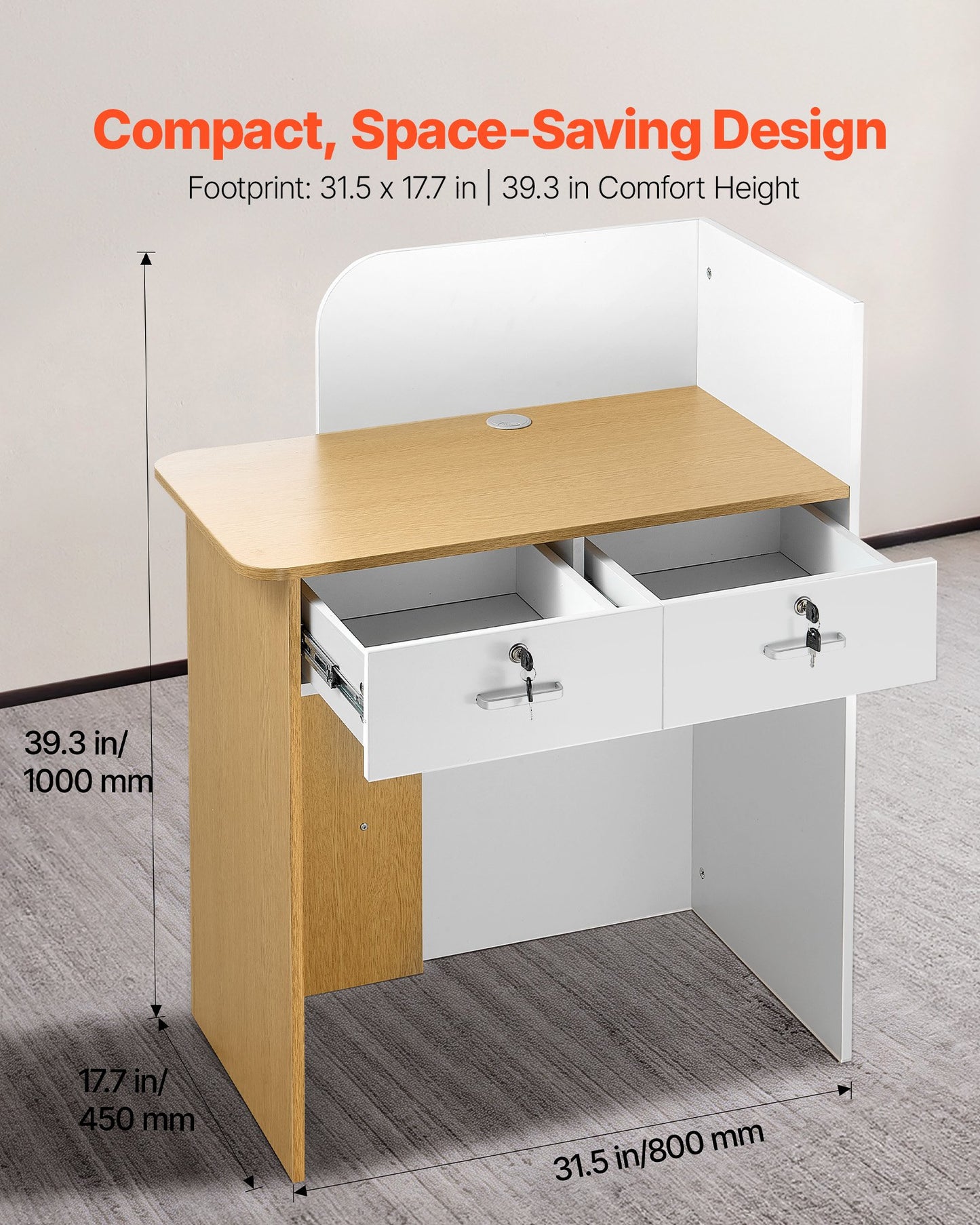 Reception Desk 31.5 Inch Modern Office Front Counter Table with LED Light and Storage - Black