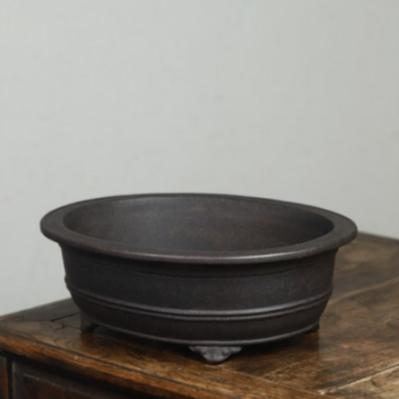 Oval Antique Bronze Clay Flower Pot with Pine and Cypress Trees - Yixing Style