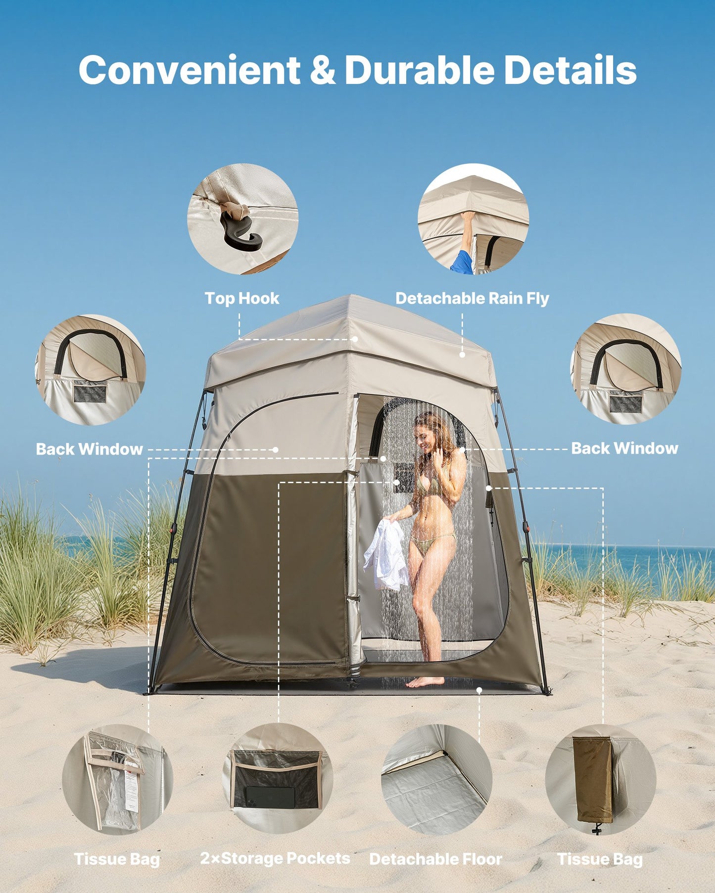 Portable 2-Room Camping Shower Tent with Ground Stakes & Carry Bag